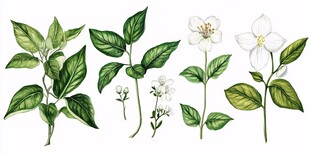 手绘清新茉莉花及枝叶