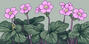 粉色花朵与绿叶植物插画