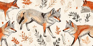 狐狸与植物的手绘图案
