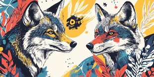 双狼对视插画 色彩绚丽