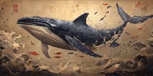 巨鲸跃浪戏游鱼图