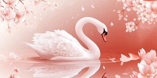 天鹅游弋于烂漫樱花湖畔