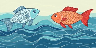 双金鱼于海浪中对望