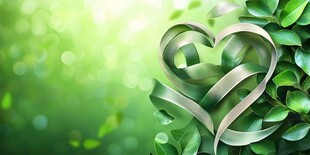 绿心丝带与繁茂绿叶背景