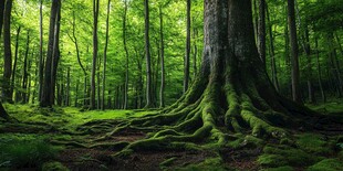 翠绿森林中的庞大树根奇观