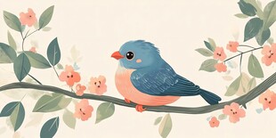 枝头蓝鸟栖于繁花绿叶间
