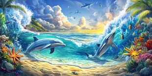 梦幻海豚畅游多彩海洋世界