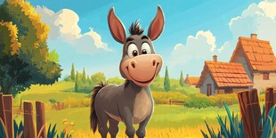 田野中可爱的卡通小毛驴