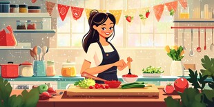 女孩在厨房愉快准备美食