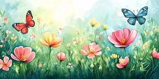 春日花丛中蝶舞的美景