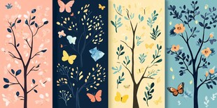 四季树景与蝴蝶插画图案