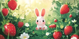 萌兔置身草莓花丛中