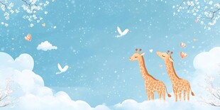 梦幻天空下的长颈鹿与飞鸟