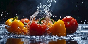 彩椒入水溅起晶莹水花