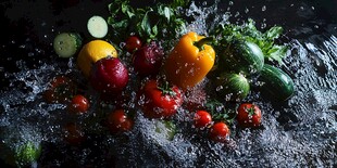 新鲜蔬果在水中绽放活力