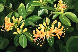 手绘金银花绽放绿叶间