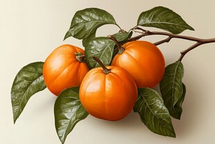 枝头鲜柿带叶色彩明艳