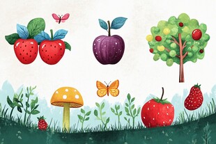 田园水果与自然景物插画
