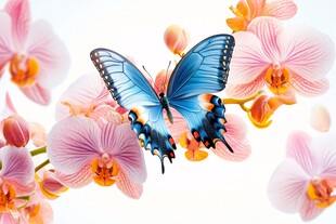 蓝蝶栖于粉兰花间