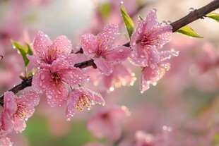 雨后娇艳的粉嫩桃花枝