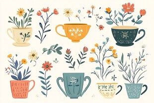 手绘花卉茶杯插画集合
