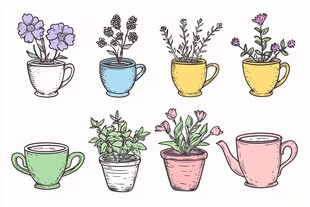 杯栽花卉插画