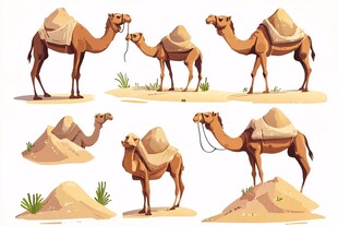 沙漠中的骆驼姿态集合