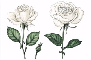 白玫瑰插画 花朵与嫩叶