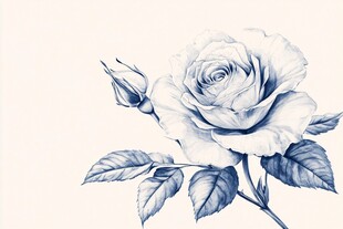 蓝调素描玫瑰插画
