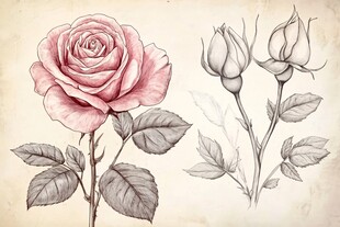 手绘玫瑰花卉植物图稿