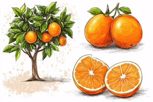 手绘橙子 树与果实切片图
