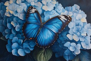 蓝蝶栖于绣球花上