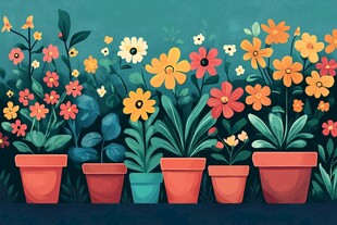 多彩盆栽花卉插画