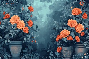 梦幻蓝调中的橙色花卉景观