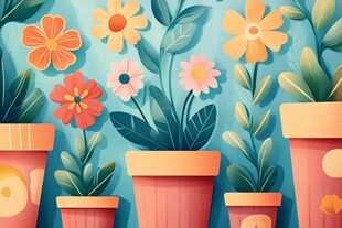 花盆中的多彩花卉插画