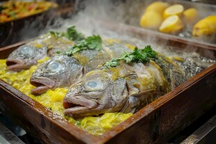 木盘清蒸鲜鱼配翠绿香菜