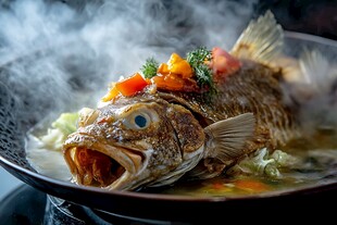 清蒸海鱼热气腾腾诱人