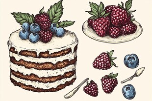 手绘浆果蛋糕与鲜果组合