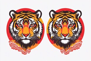 双虎圆形国潮风插画图案