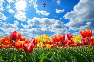 郁金香花海中的绚丽热气球