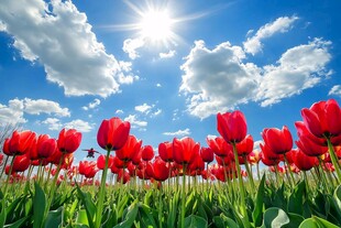 阳光下的红郁金香花海