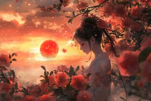 夕阳下的古风花中女子