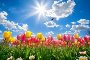 春日花海中灿烂阳光与蝶