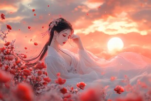 夕阳下的古风美人赏花图