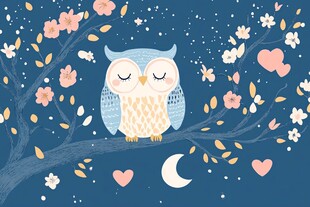 猫头鹰在月夜花丛中休憩