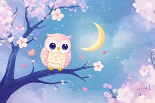 猫头鹰栖于月夜樱花枝间