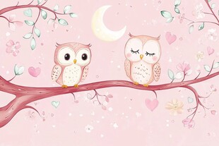 粉色枝头的可爱猫头鹰