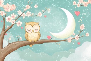 月夜下猫头鹰栖于繁花枝头