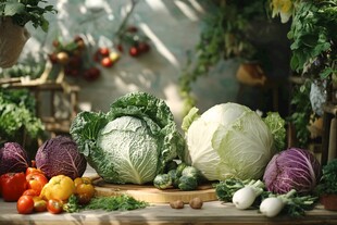 多彩蔬菜摆放在田园风场景