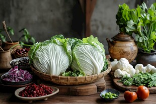 新鲜蔬菜摆放在古朴木桌上